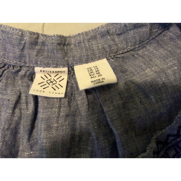 Artisan NY 1X 100% Linen Tunic Top Blue Long Sleeve Embroidered Boho Peasant Blo - Picture 6 of 13